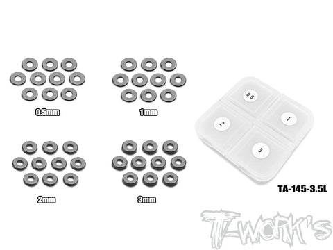 TA-145-3.5L   POM 3.5 x 9mm Bore Washer Set 0.5,1,2,3mm Each 10pcs.
