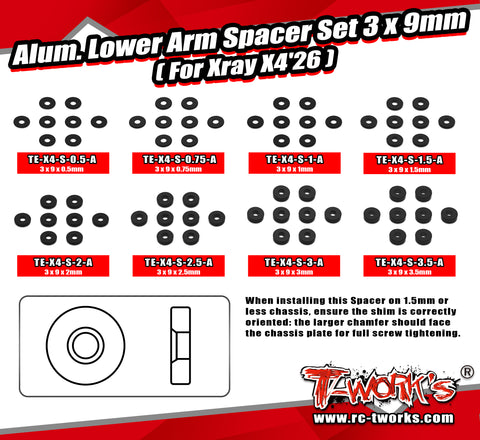 TE-X4-S-A	Alum. Lower Arm Spacer Set 3 x 9mm ( For Xray X4'26 )0.75/1/1.5/2/2.5/3/3.5 Each 8pcs.