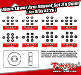 TE-X4-S-A	Alum. Lower Arm Spacer Set 3 x 9mm ( For Xray X4'26 )0.75/1/1.5/2/2.5/3/3.5 Each 8pcs.