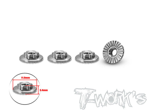 TP-195-D  64 Titanium Ultra Light Weight large-contact Low Profile Serrated Reverse Thread M4 Wheel Nut   (4pcs.)