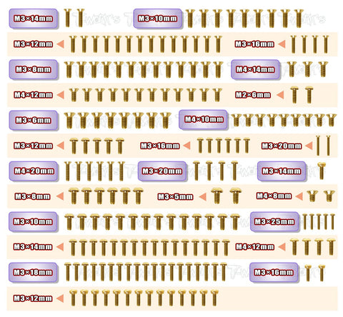 GSS-GTX8'22	Gold Plated Steel Screw Set 184pcs. ( For Xray GTX8 2022 )